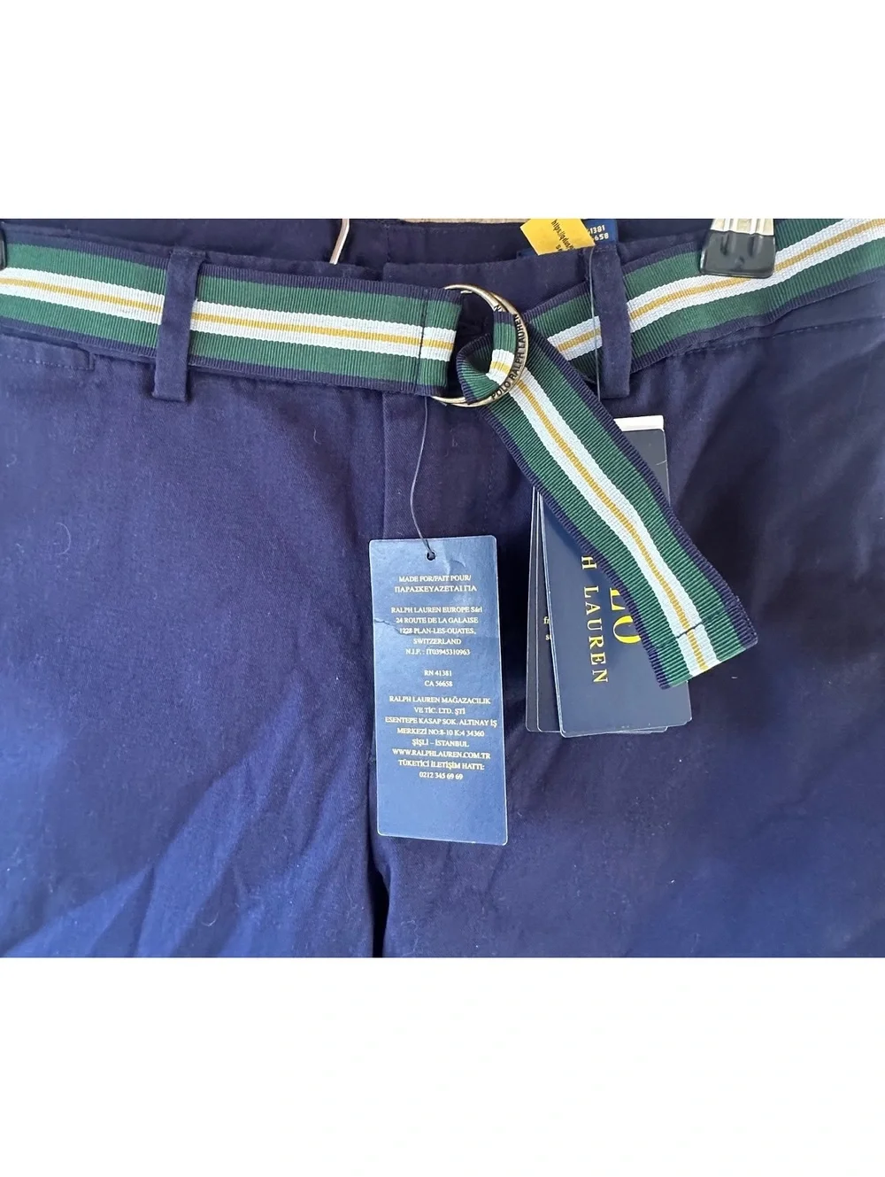 Polo Ralph Lauren Navy Blue Boys' Pants with Striped Belt Size 10 NWT
